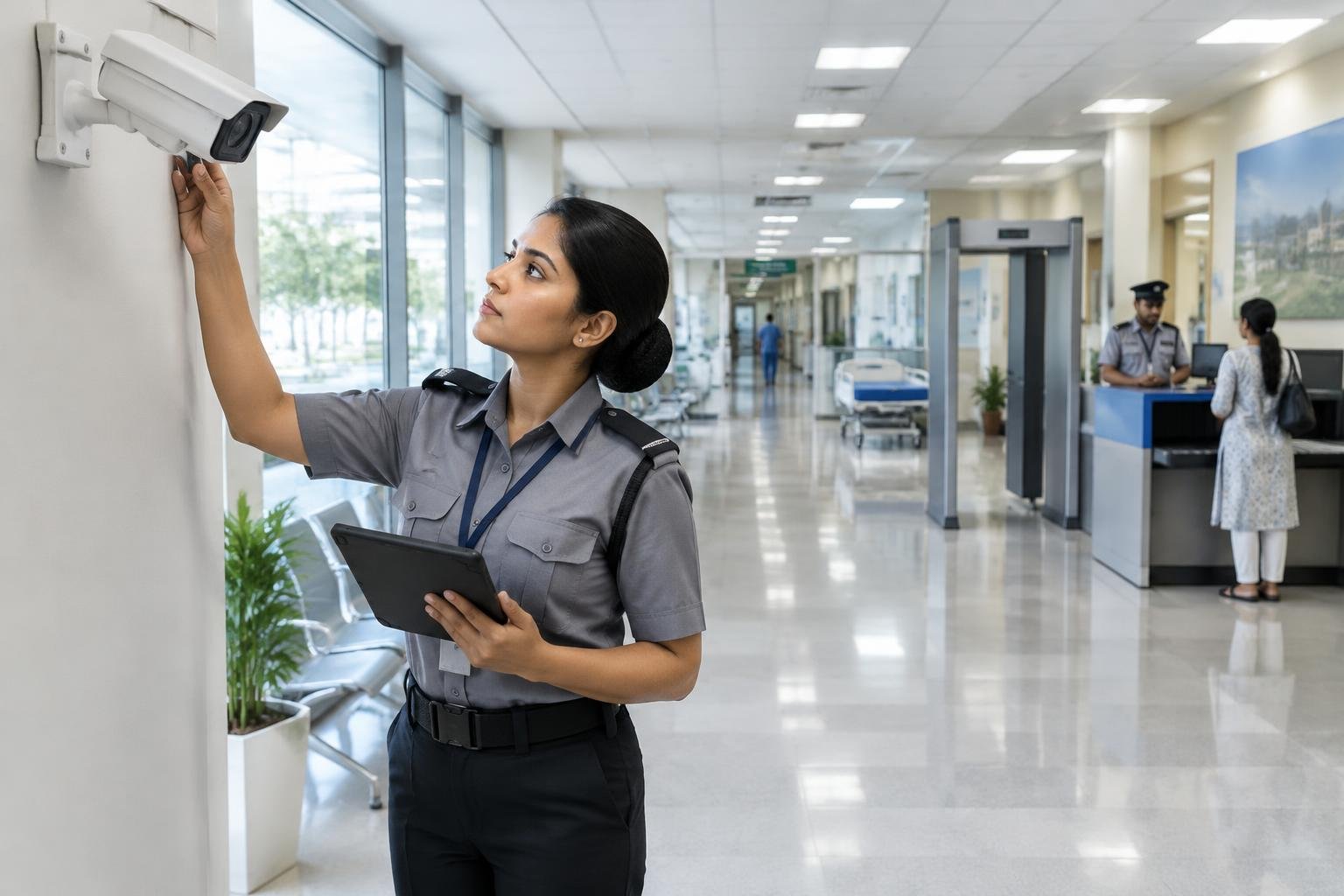 Security officer inspecting a surveillance camera in a hospital