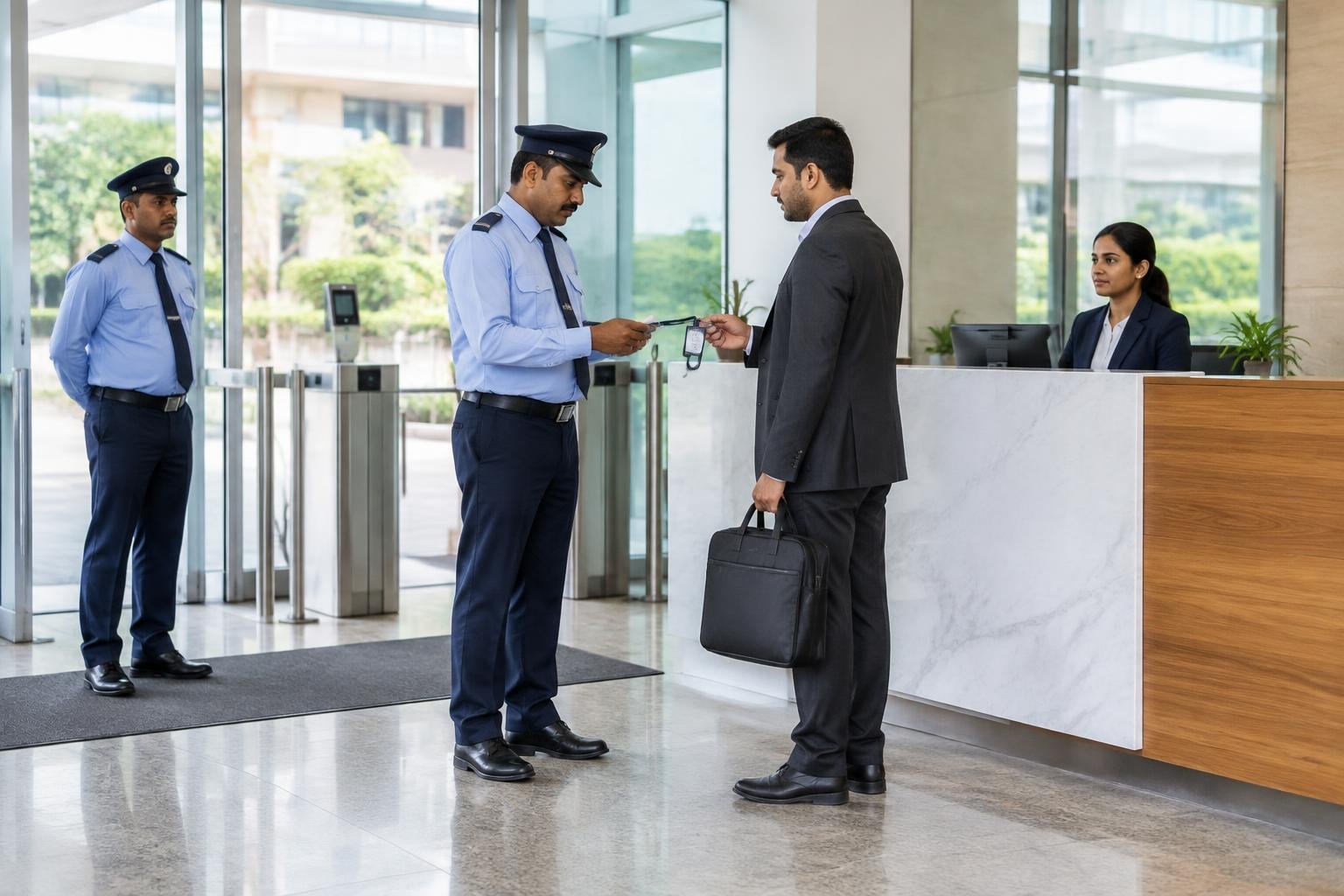 Security officers verifying access at a corporate entrance