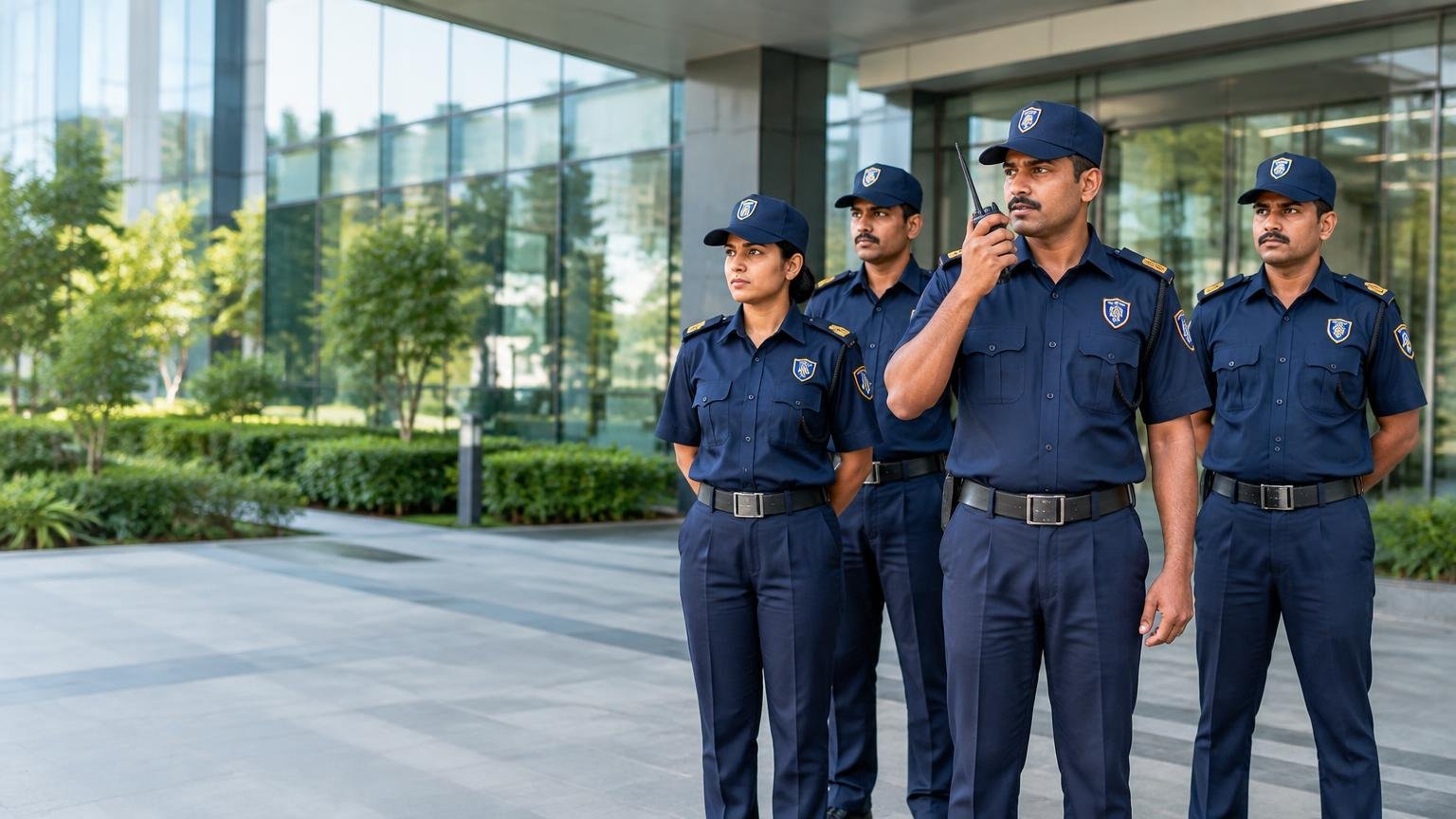 Professional uniformed security officers at a modern workplace